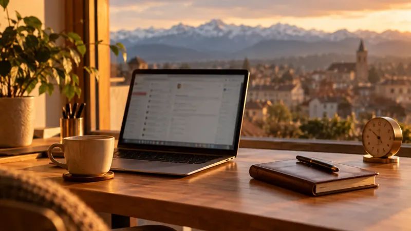 Ordinateur portable sur un bureau en bois près d'une fenêtre, avec un carnet et une tasse, lumière dorée de fin de journée