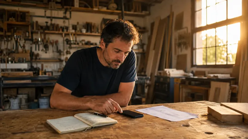 Artisan consultant un assistant IA sur son téléphone dans son atelier, lumière de fin de journée