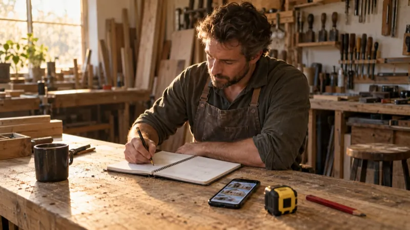 Artisan préparant ses notes et ses photos sur un carnet posé sur un établi, lumière de fin de journée