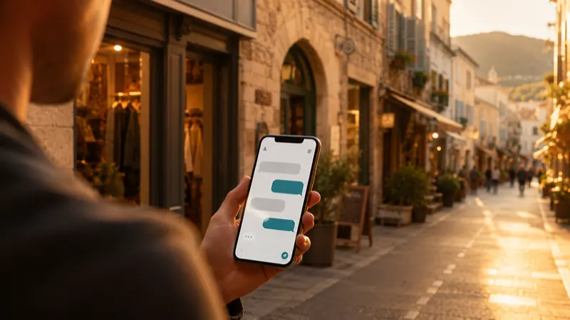 Illustration d'une personne posant une question à une intelligence artificielle sur un commerce local