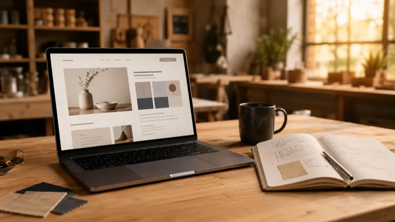 Ordinateur portable affichant un site internet en cours de modernisation, sur un bureau en bois