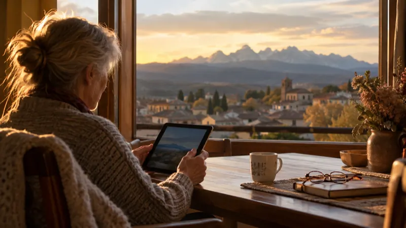 Personne âgée consultant un site internet sur une tablette près d'une fenêtre, lumière chaude de fin de journée