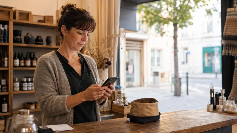 Commerçante consultant son téléphone derrière le comptoir de sa boutique, lumière de fin de journée
